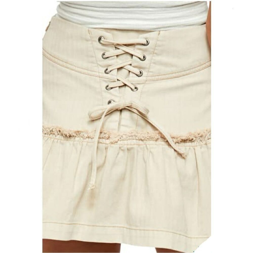 NWT Free People Positano Lace Up Mini Skirt Ruffle Tan Beige Size 8 M
